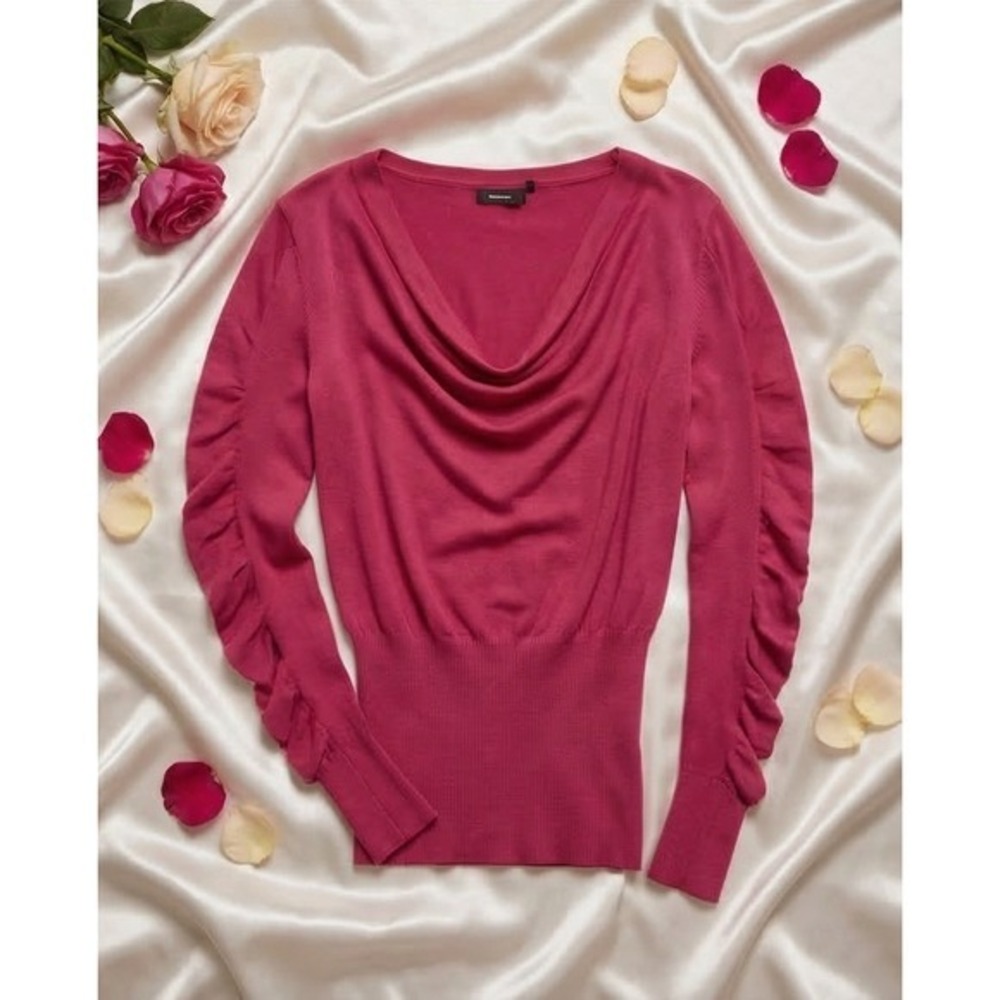 GUESS L Red Cowl Neck Ruched Sleeve Ribbed Hem Sweater Fliety Romantic Fairy